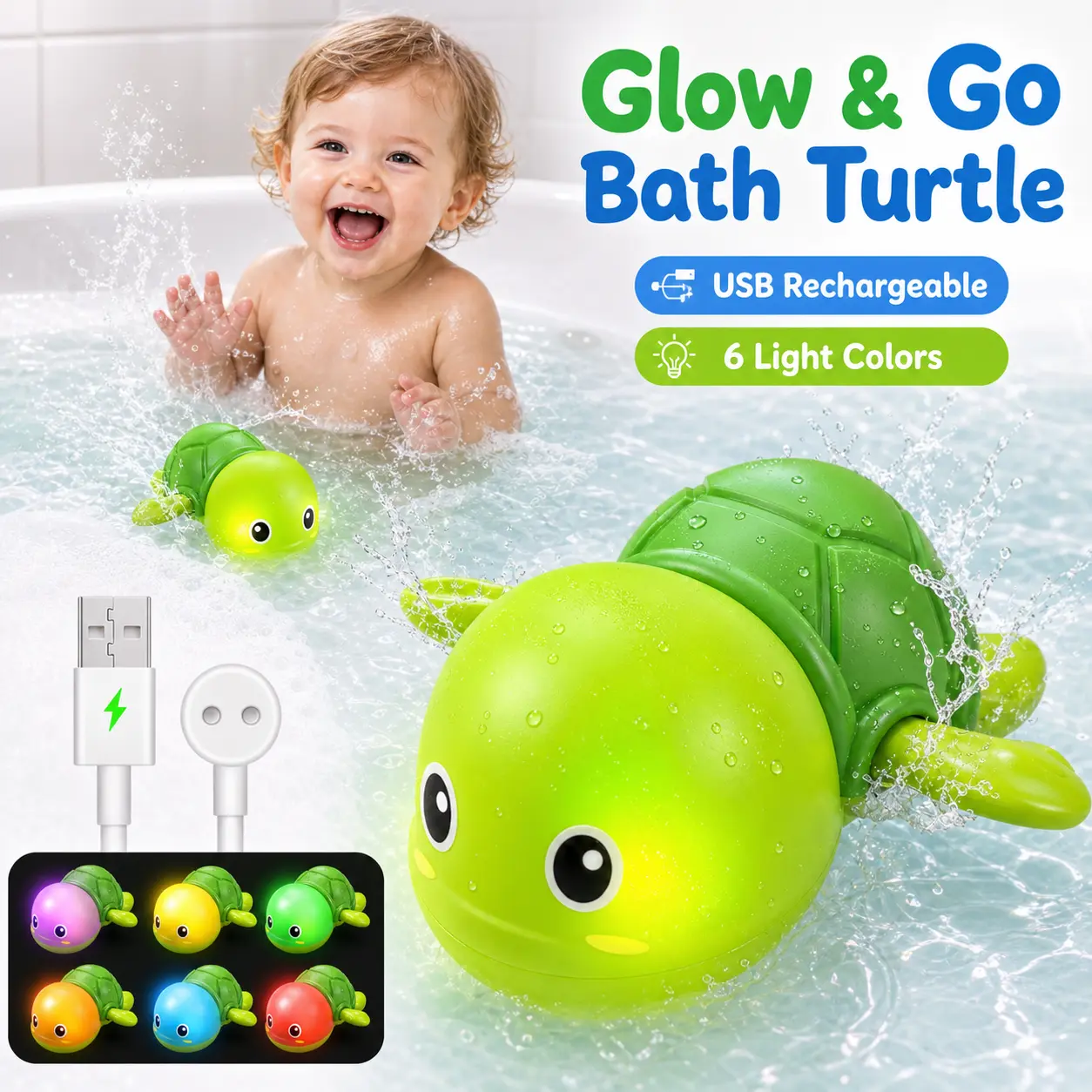 Glow & Go Light-Up Bath Turtle, Rechargeable Mold-Free Bath Toys for Toddlers 1-3, IPX8 Waterproof Color-Changing LED Swimming Toy, Pool & Beach Water Toys, Birthday Gifts for Boys & Girls