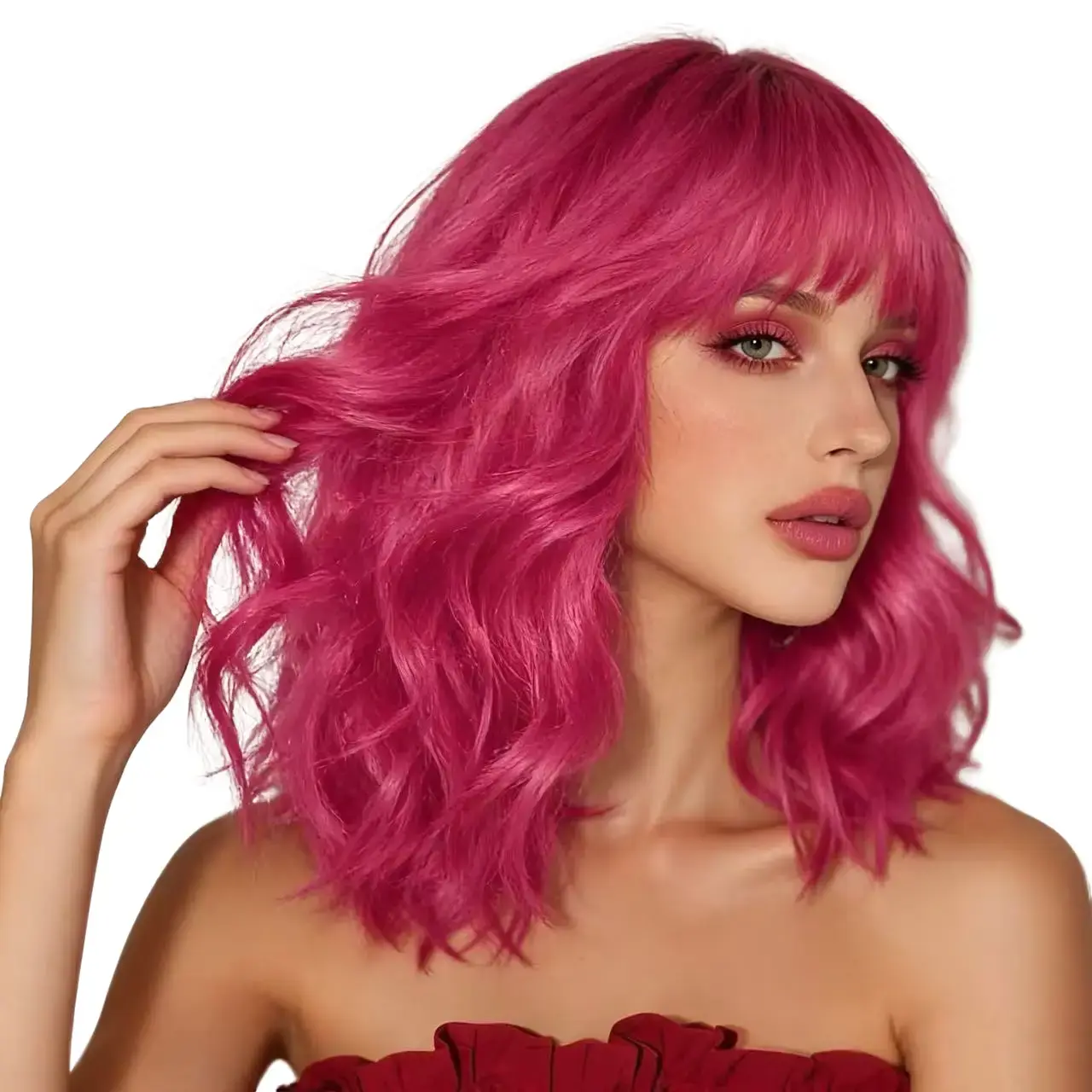 A versatile anime wig suitable for everyone—cute style, featuring magenta and purple water-wave curls. It adds volume, is easy to style, and is perfect for costumes, holidays, parties, and everyday wear.