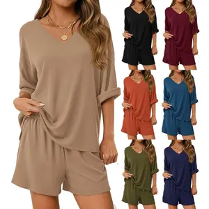 Women's 2 Piece Lounge Set Short Sleeve V-Neck Boxy T-Shirt & Shorts, Casual Summer Loungewear Pajama Outfit