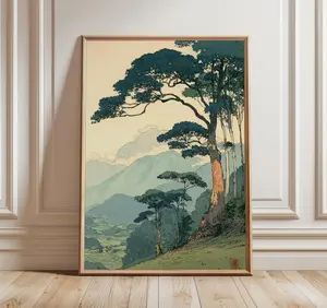 [Sale Up To 50%][No frame, Free Ship] Vintage Japanese Forest Poster, Tranquil Mountain Landscape Wall Art, Retro Nature Print, Minimalist Tree Scene, Serene Home Decor