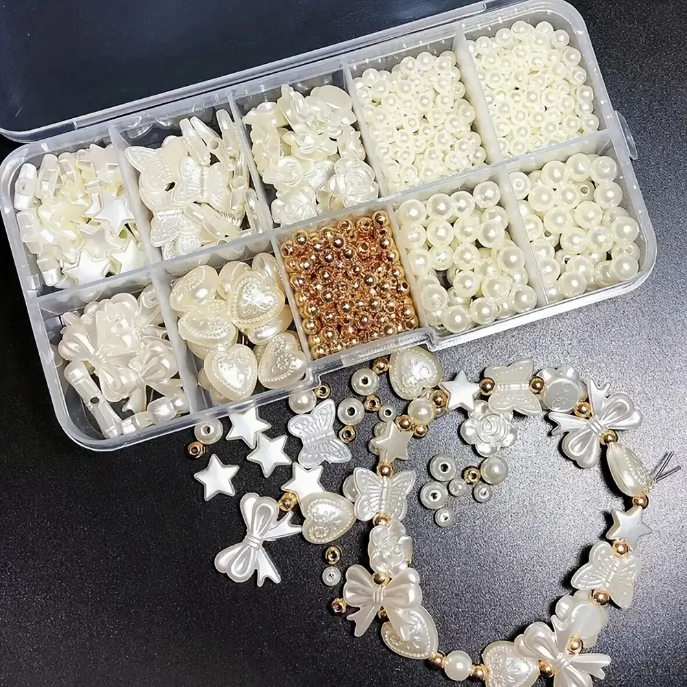 800pcs White Bow Heart-Shaped Resin Loose Beads Set, DIY Beads Assortment, Heart Design Charm, Beading Supplies for DIY Jewelry Making, Bracelets