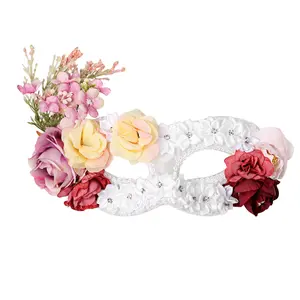 Women’s Floral Lace Masquerade Mask, Half Face Mardi Gras Costume Mask with 3D Flowers & Pearl/Rhinestone Accents, Adjustable Ribbon/Elastic Strap for Wedding, Prom, Ball, Halloween Party