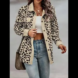 Women's leopard print button up front off shoulder shirt jacket, casual long sleeved collar pocket shirt, suitable for daily wear, all season women's clothing