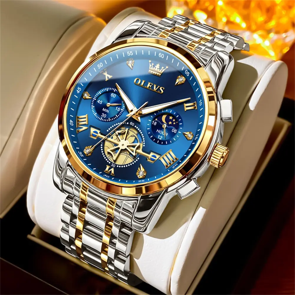 OLEVS Men Watch Analog Chronograph Stainless Steel Watches Day-Night Indicator Waterproof Luminous 2856