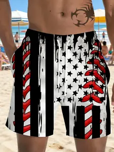 Men's Summer Baseball American Flag Print Beach Shorts, Quick-Dry Loose-Fitting Swimming Trunks for Vacation, Casual All over Print Swimwear, Swimtrunks
