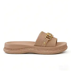 Nest Foot's new stylish platform Khaki women's sandals, perfect for summer wear. Flat sole, single strap, double O-ring buckle.