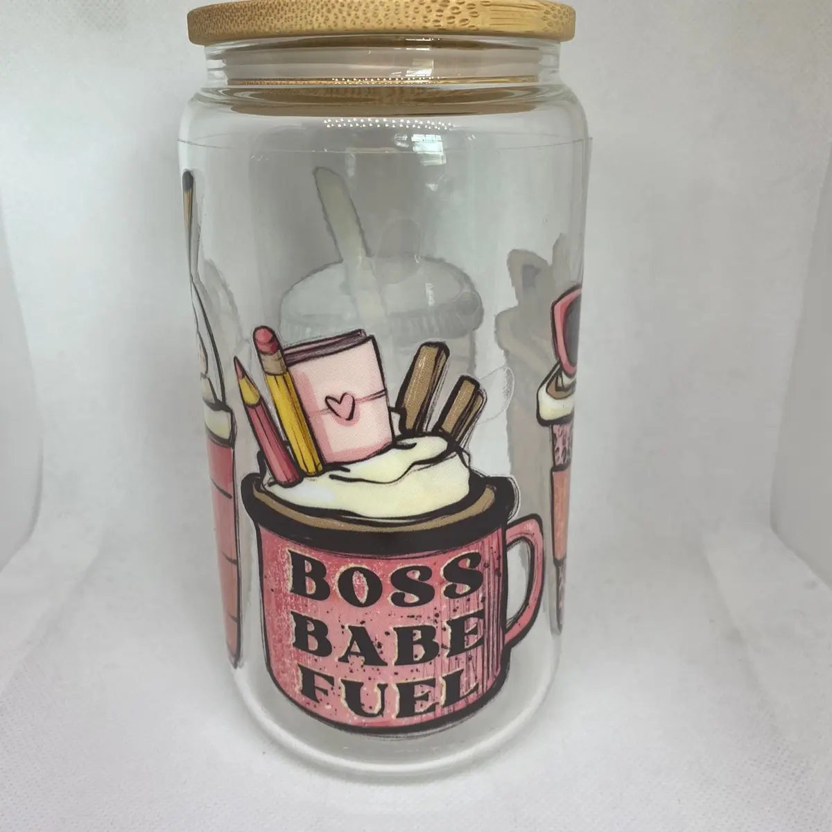16 ounce glass Libby cups with bamboo lid and straw