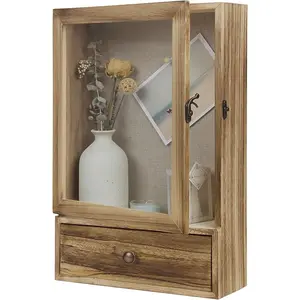 Shadow Box Frame, 3.2" Deep Shadow Box Display Case with Real and Drawer, Wood Memory Box for Pictures, Flowers, Memorial, Medals, Wedding Bouquet for Wall or Tabletop, Brown