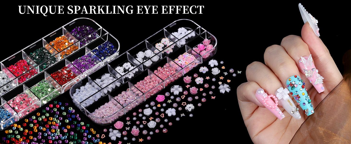 Nail Charms, Nail Rhinestones Kit with 8 Boxes of Nail Gems, 3D Charms for Nails, Colorful Clear Flatback Rhinestones, Charms Y2K for Nails, Multi Shape Pearls Jewels for Crafts