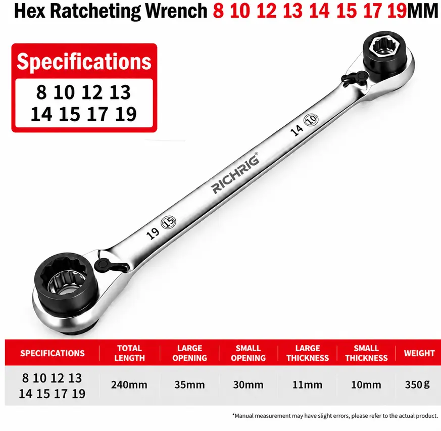 8-in-1 Double End Ratchet Wrench, 72-Tooth 5° Swing Arc CR-V Steel Spanner, Metric Sizes 8-19MM, Multifunctional Socket Wrench for Narrow Space Auto Repair & Household Maintenance