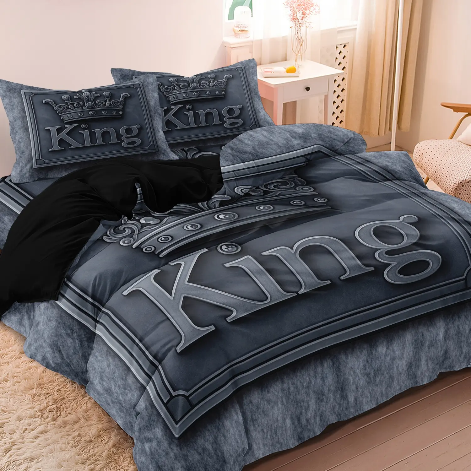 3pcs Duvet Cover Set,(1 Duvet Cover + 2 Pillowcases,No Core), Home & College High-Definition Printed Black and Gray Lettering, Decorative Duvet Cover, Bed Cover Set, Comfy Bed Sets, Print Bedding Set