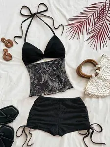 NELSONMIS Women's Vintage Vacation V-Neck Halter Backless Tie-Up Fitted Contrast Color Top And Low Waist Ruched Drawstring Shorts 2 Piece Set Suitable For Party