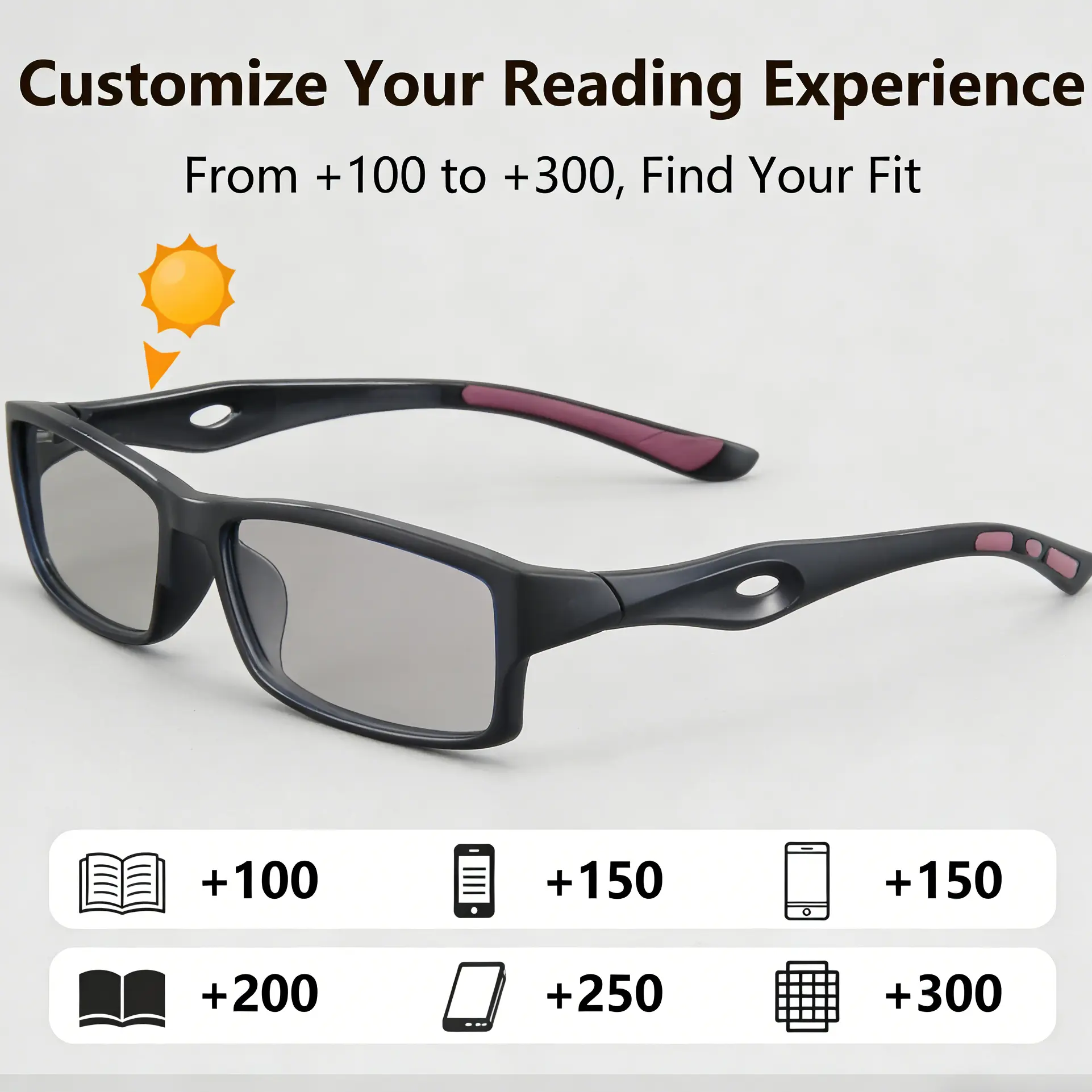 Unisex Adaptive Photochromic Progressive Multifocal Reading Eyeglasses - Sporty Lightweight TR90 Wraparound Frame, UV Protection, Glare Reduction, for Outdoor Reading, Driving, High Quality Eyewear Grey Clear