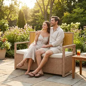 2-Person Outdoor Storage Bench with Cushion – All-Weather PE Rattan Wicker Deck Box Seat, Backrest & Armrests, Waterproof Metal Frame Patio Bench for Garden, Porch, Poolside & Backyard