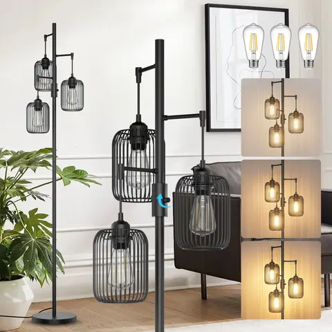 GLITGATE Black Metal Industrial Gold Caged Floor Lamp - 70" Height, 110-130V Dimmable Lighting, 3pcs 9W Energy-Saving LED Bulbs (9w leds save energy), 360° Light for Cozy Rooms, Indoor Lighting for Living Room Bedroom