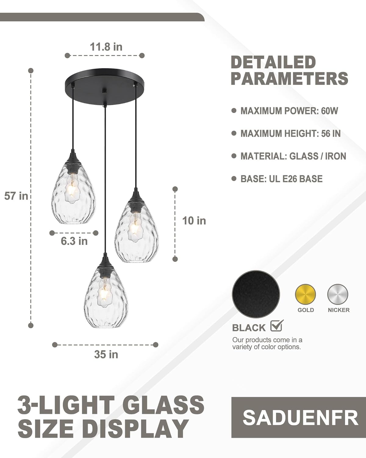 Black 3-Light Pendant Lighting, Modern Dining Room Light Fixture Over Table with Hammered Glass Cluster Hanging Lights for Kitchen Island Dining Room