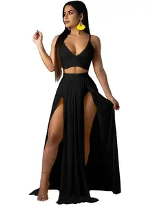 Women Solid Split Thigh Skirt Set 2026 Casual Spaghetti Strap Sleeveless Short Cropped Top High Waist Long Skirt Party Club Dating Summer Ladies Womenswear