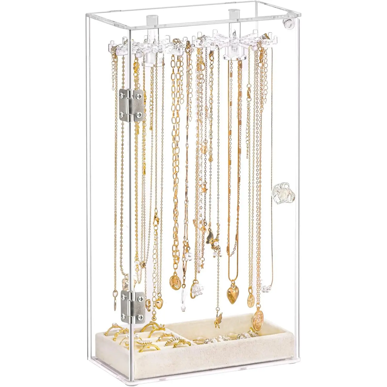 Necklace Holder,  Necklace Organizer, Rotatable Clear  Holder Organizer Display Case for Long Necklaces Pendant Bracelets,  Holder Box with  Tray for Rings Earrings