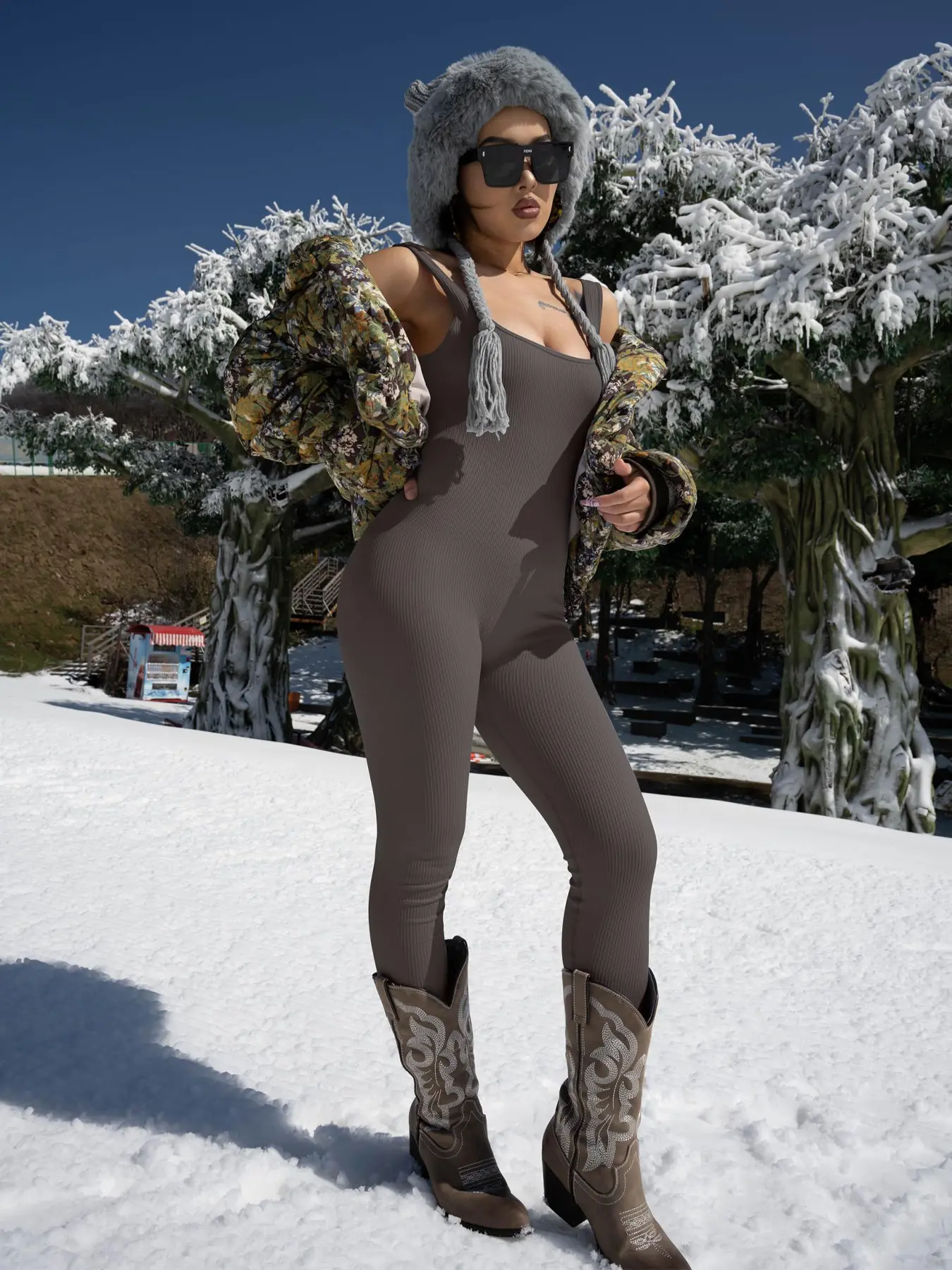 Womens Suspenders Tank Top Tights Long Sleeve Asian Bodysuits Check