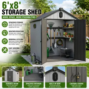 6x8 Outdoor Storage Shed Resin Plastic Garden Shed Backyard Tool Organizer with High Spire Roof Heavy Duty Waterproof Weather Resistant Storage House for Patio Lawn Mower and Yard Equipment Organization