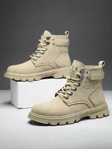 Men's Black High-Top Functional Work Boots, Functional Workwear Style, Leather Material + Side Zipper + Platform Construction, Functional Eye-Catching, Easy On/Off, Platform Height-Increasing , Cool & Versatile, Ideal for Daily Outfits & Street Scenarios