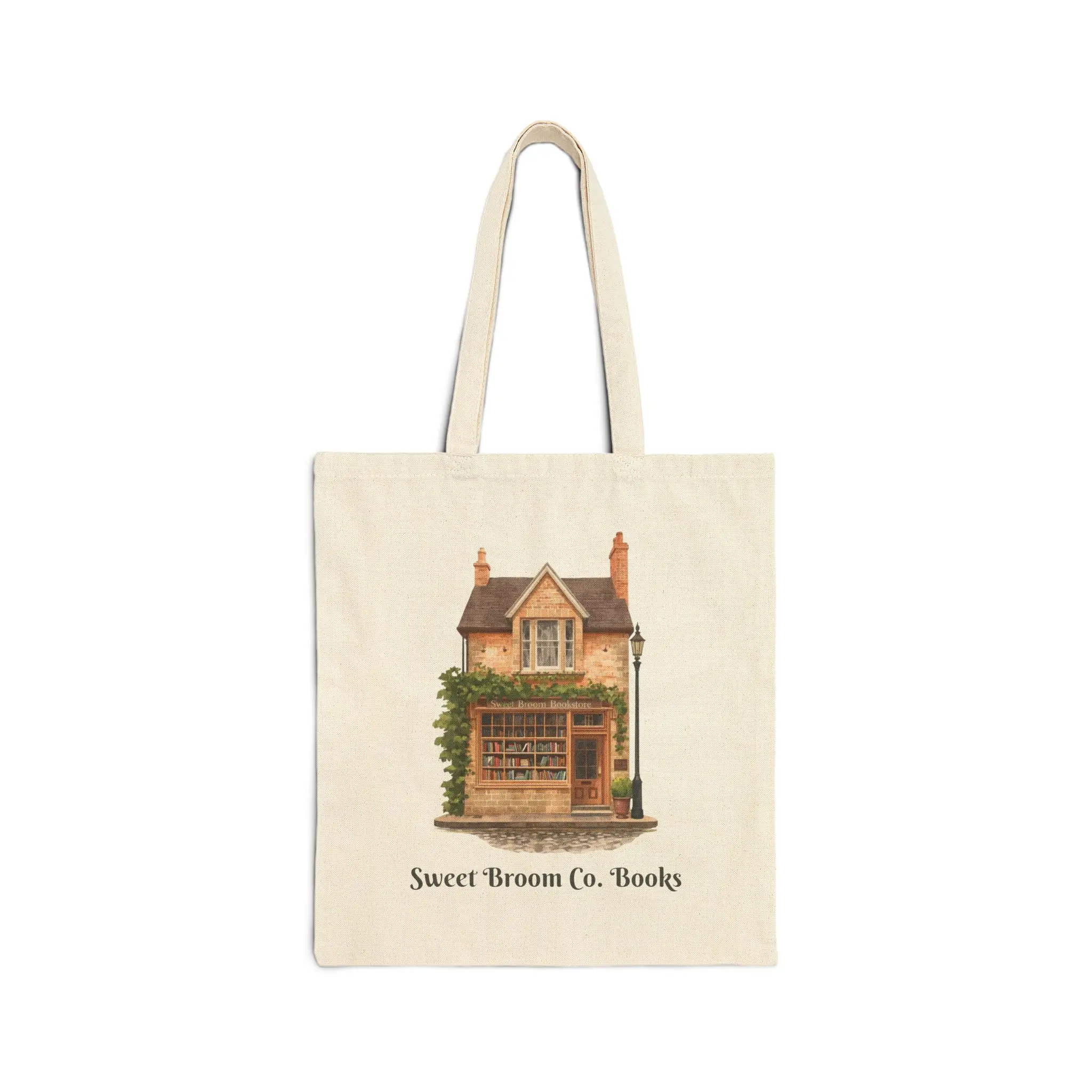 Women's Charming Retro Bookshop Illustration Tote Bag, Sweet Broom Co. Books - Ivy Chimney Name, Sewn-in Label, Ideal for Bookstore Trips & City Strolls, Cold Wash Compatible, Charming Bookshop Illustration, Double Handle