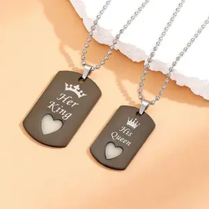Stainless Steel Chain Charm Necklace Set of 2 with "Her King" and "Her Queen" Pendants Featuring Crown Design