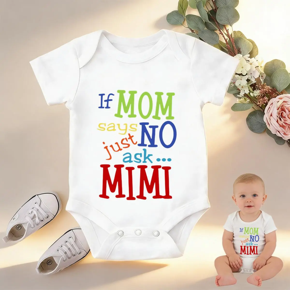 If Mom Says No Just Ask Mimi Baby Bodysuit Casual Short SleeveRomper Crew Neck Outfit for Baby Boys & Girls  Modern Look Button Closure bamboo  Comfort Baby Clothes for Outdoor Daily Wear