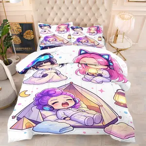 K-Pop Q-Version Anime Idol Print Comforter Set, 1 Quilt and 1-2 Coreless Pillowcases, Virtual Girl Group Cozy Pajama Party Theme, Comfortable Fabric Bedding, Sweet Style Bedroom Decor, Gift for Fans
