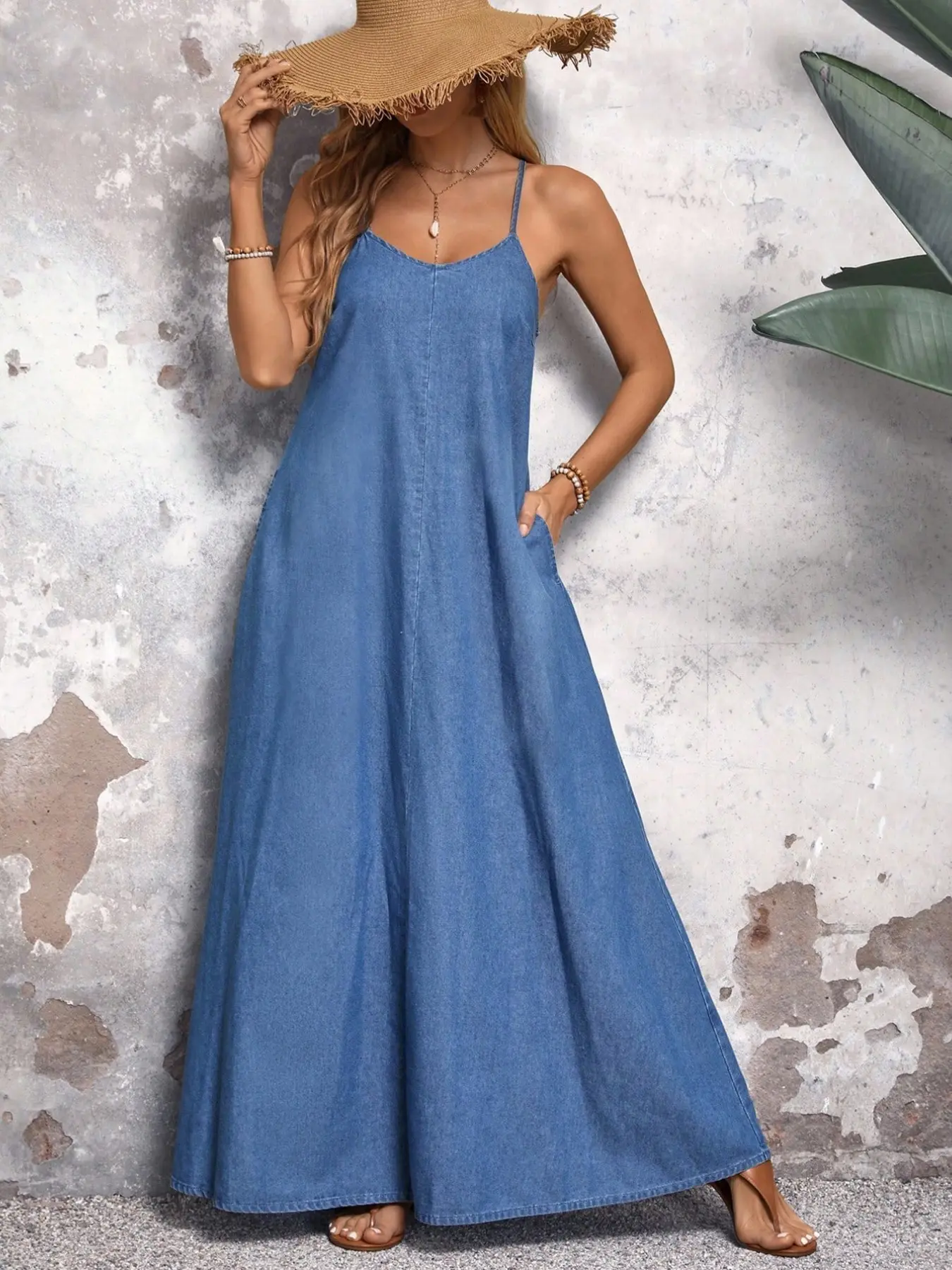 Solid Color Pocket Decor Basic Minimalist Casual Strappy Sleeveless Denim Jumpsuit Dress, Womenswear Denim Maxi Dress Blue Jean Maxi Dress, Spaghetti Strap Denim Maxi Dress Long Denim Sundress Summer Outdoor Beach