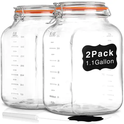 Syntic 2-Pc 1.1 Gal Thick Glass Square Hermetic Jars - 4.3-Inch Super Wide Mouth, Anti-Leak Lids with Thick Silicone Gaskets, Us/Ml Markings, Spare Gasket, Cabinet Storage, Fermentation Containers