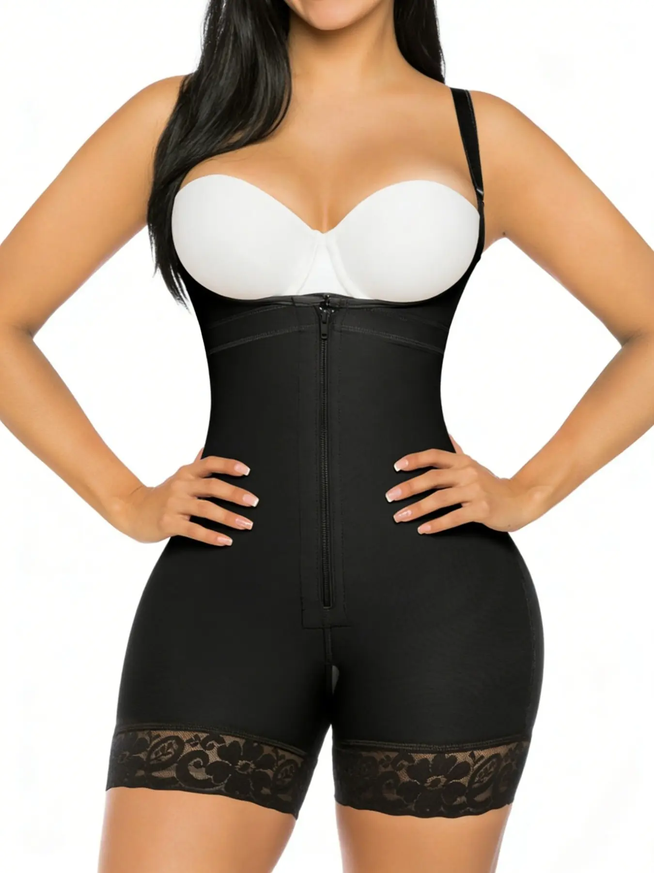 1 Count Women's Open Bust Shapewear, Butt Lifting And Tummy Control Fit Bodysuit, Abdomen Control Bodysuit, Fajas, Front Zipper Closure Adjustable Shoulder Straps And Lace Trim Hem Shaperwear, Daily Wear, Sports, Parties, Underwear