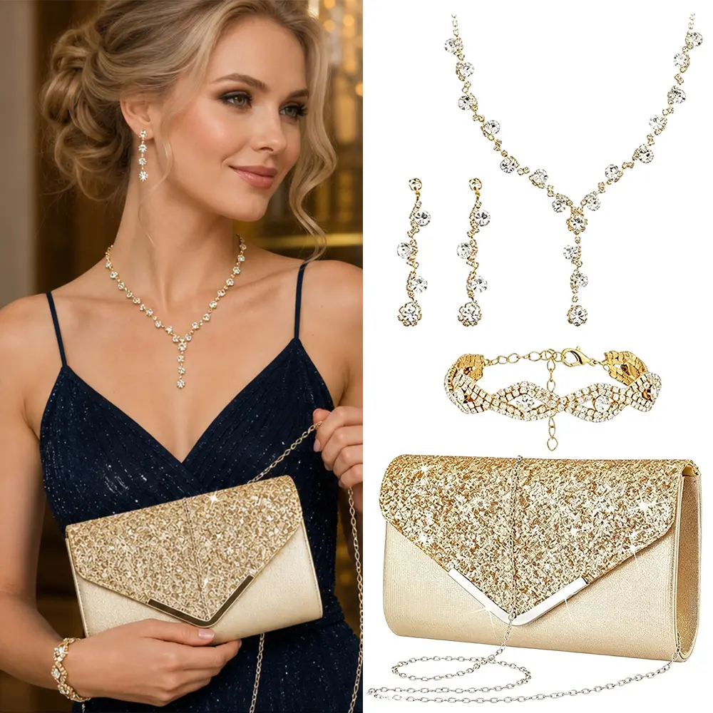 4 PCS Purse Rhinestone Jewelry Set Prom Jewelry Rhinestone Clutch Purse Necklace Earrings Bracelets for Women