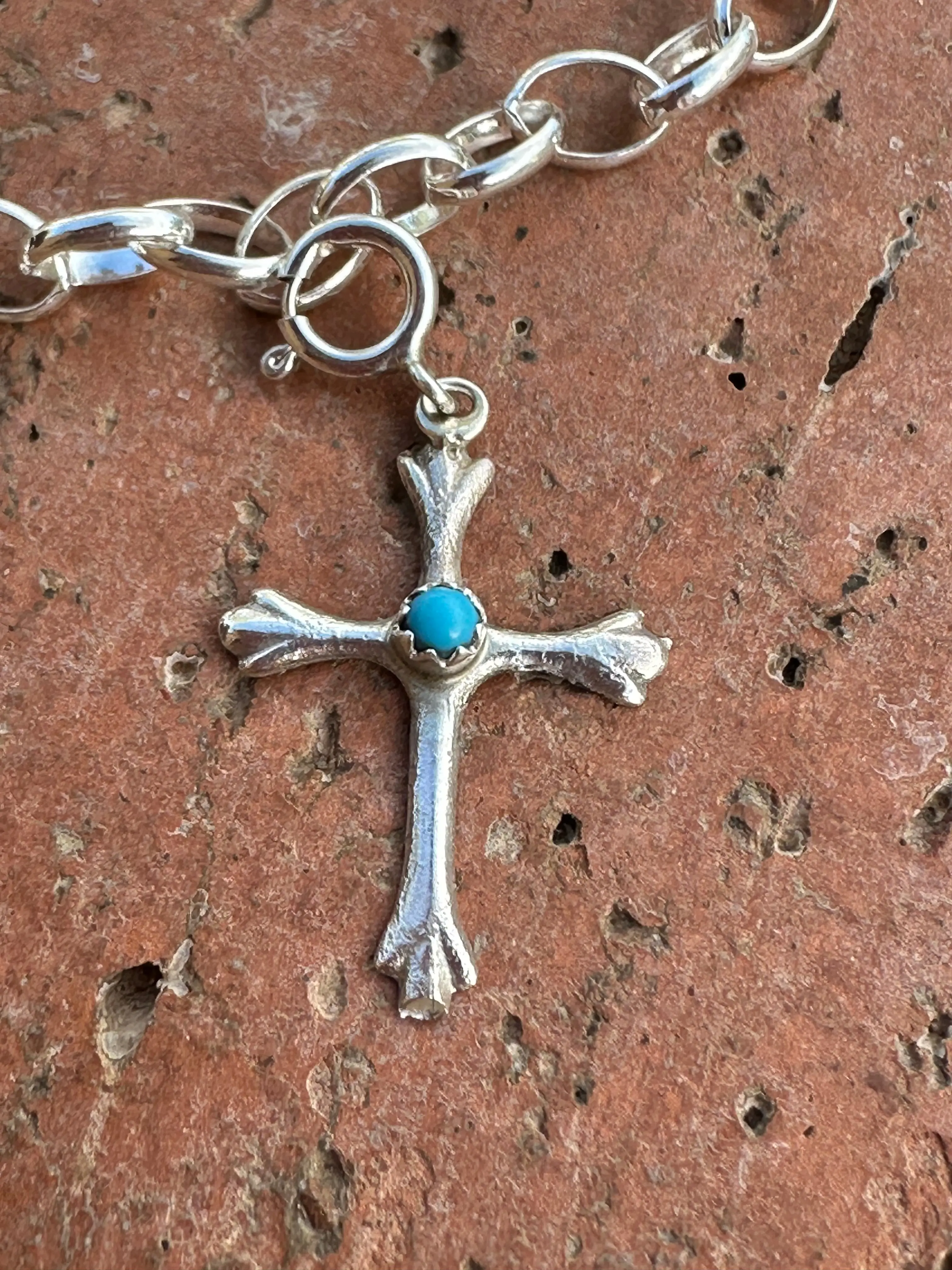 Handcrafted  Sterling Silver and Turquoise Hand Stamped Cross charm