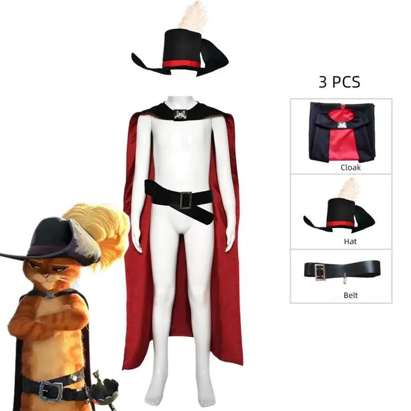 High Quality Polyester Soft Anime Puss in Boots Cartoon Character Children's Cosplay Costume Set with Cloak, Halloween Masquerade Party Prop Outfit Accessory Suit, High Quality Material