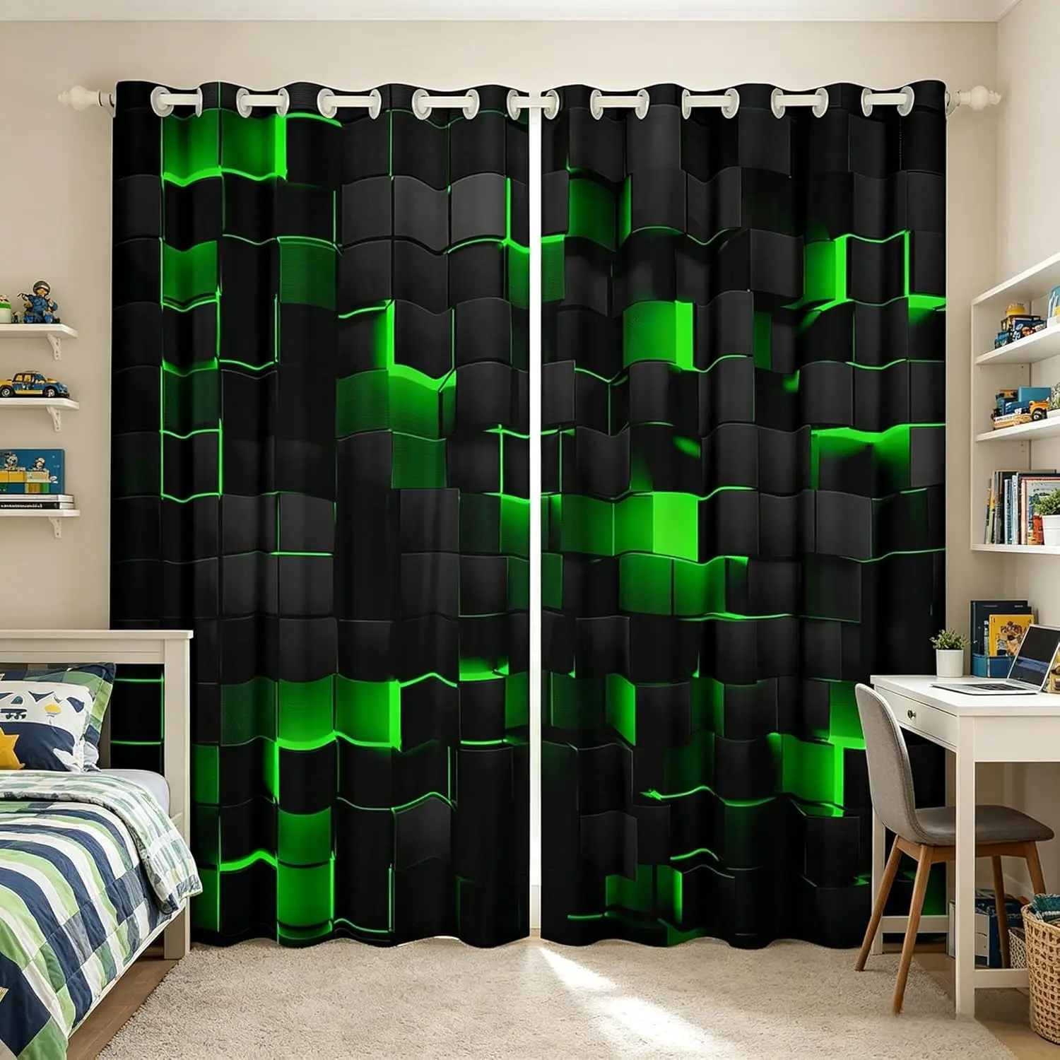 Black Green Window Curtains Geometric Check Grid 50% Blackout Curtains Men Video Games Room Decor,Neon Stereoscopic Abstract Plaid Window Drapes 2 Panels
