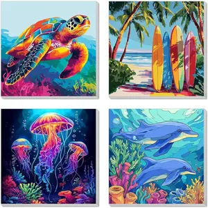4 Pack 8x8 Inch Framed Paint by Numbers Kit, DIY Beach Painting for Kids Beginners Ages 4-12 Children