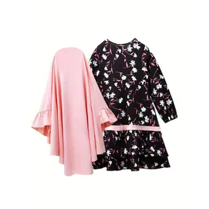 GirlsSpringandAutumnMuslimTraditionalEthnicClothingSetLongSleeveFloralDress+HeadscarfTwo-pieceSetHijabStyle