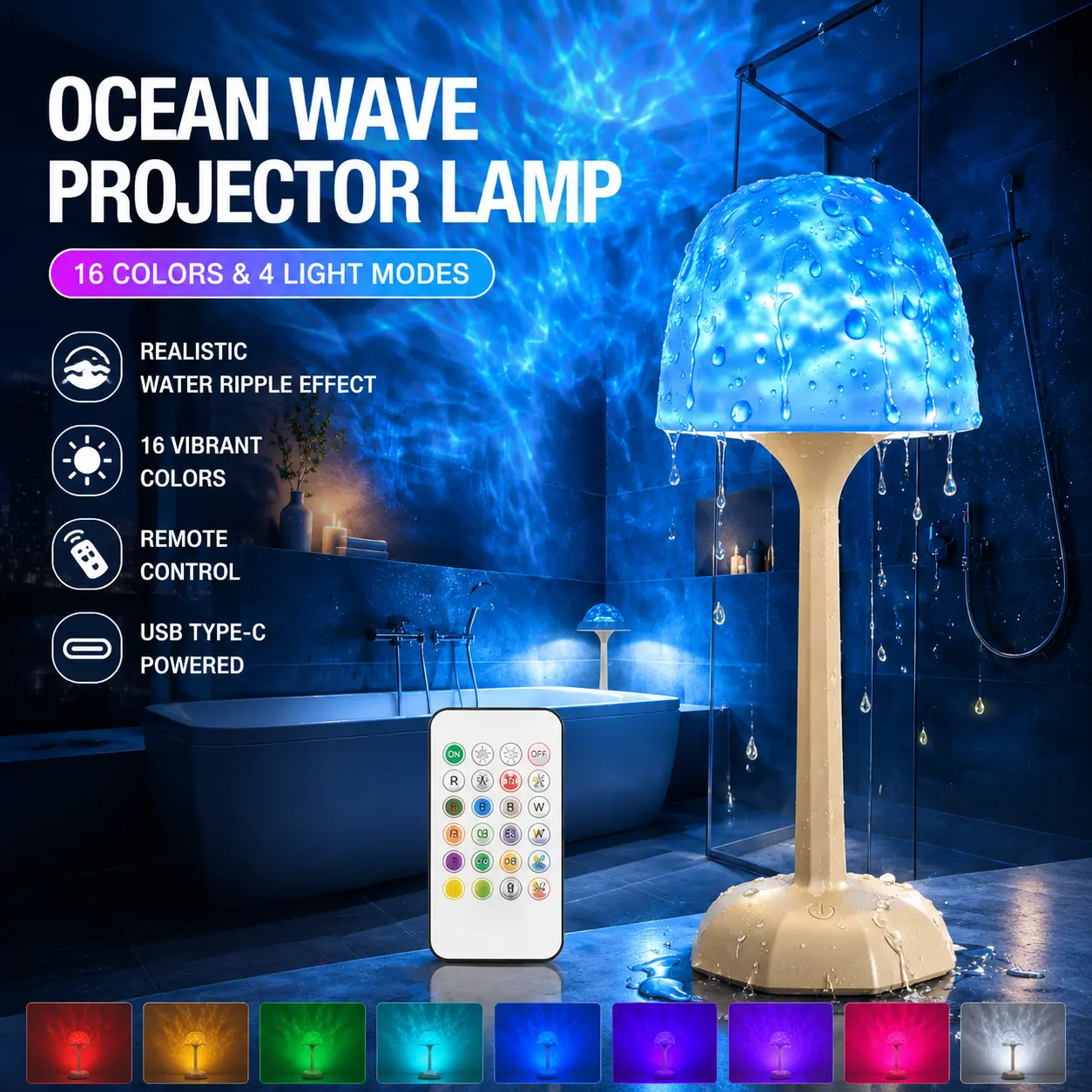 Waterproof Spa-Like Bathroom   Projector Lamp - 16- Cordless Rechargeable  with Remote Control & Touch Function, Indoor Shower Northern  Projector wave lights romantic night ambience dealsforyoudays scene - music rhythm whimsical home decor color ocean