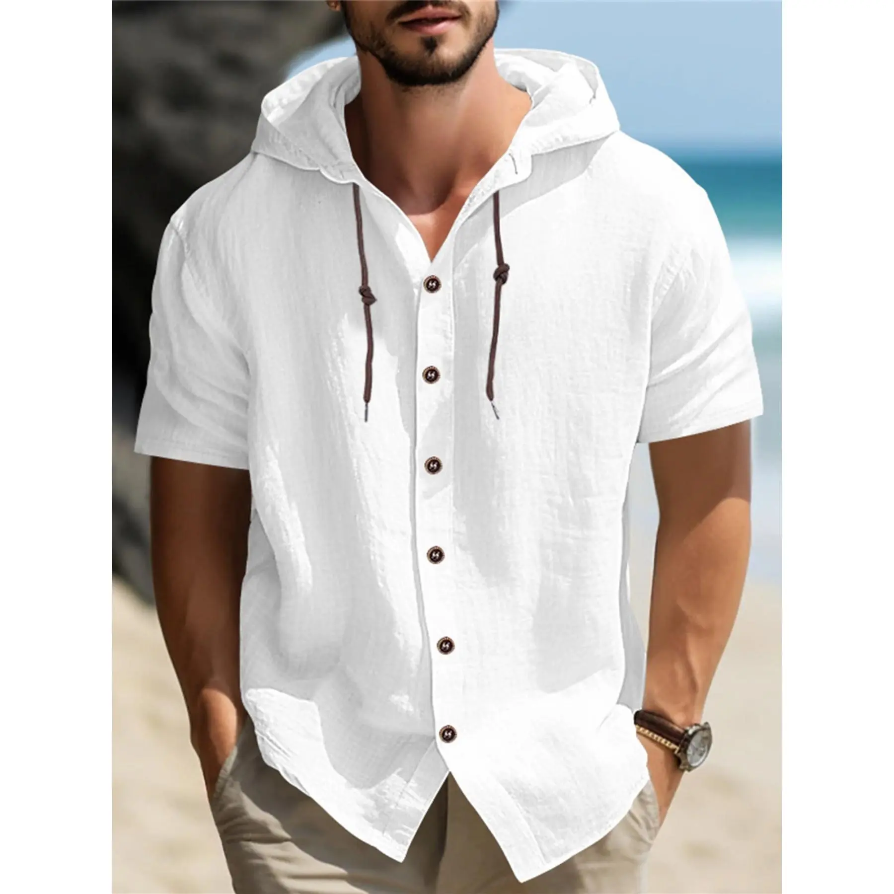 Men's Regular Casual Short Sleeve Drawstring Hood Menswear Sweatshirt - Solid Lightweight Woven Linen-Polyester Top with Button-Up Placket, Sports-Ready, Machine Washable, Fabric, Sweatshirts