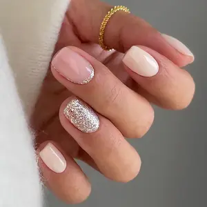 Light Pink Gold Accent Press On Nails | CurvLife Nail | 24pcs Medium Oval Fake Nails | Glossy Finish with Subtle Gold Shimmer Details | Easy to Apply, Comfortable & Long-Lasting | Ideal for Daily Wear, Business Lunches, Weddings & Elegant Affairs