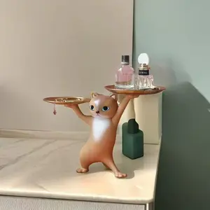 Cute Cat Tray Statue, Adorable Animal Design, Creative Desktop Storage Decor, Living Room, Bedroom, Office Home Decoration, Resin Sculpture