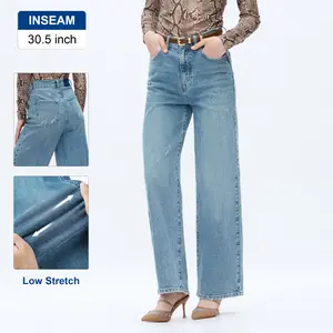 ONESO High Waist Wide Leg Denim Jeans Light Stretch Fabric Distressed Waist Pockets Five Pocket Zip Fly