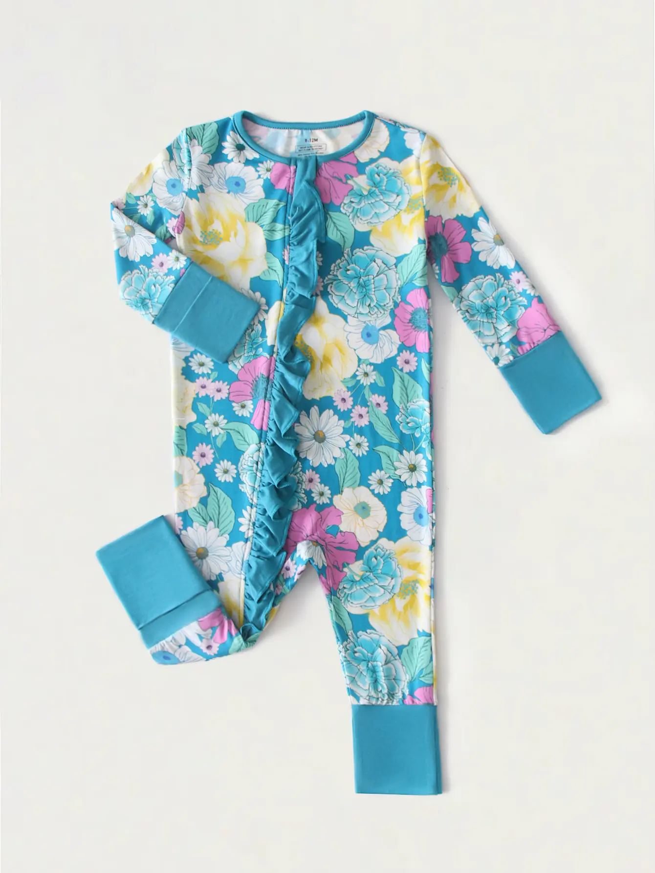 Softty Baby Long Sleeve Bamboo Fiber Bodysuit with Two-Way Zipper Foldable Cuffs and Hem Blue Ruffle Suitable for All Seasons Perfect Gift for Babies Can Be Worn as an Outer Layer
