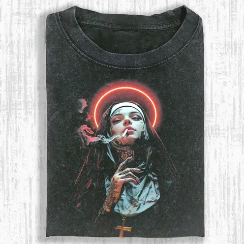 Men's Retro Nuns Graphic Print Oversized Short Sleeve Tshirt - 90s Vintage Menswear Streetwear Clothing, Ribbed Crew Neck, Relaxed Fit, Twill-Taped Shoulders, Distressed Hem/Print, Preshrunk Soft Cotton, All Seasons Vintage Graphic Tees Casual Tops