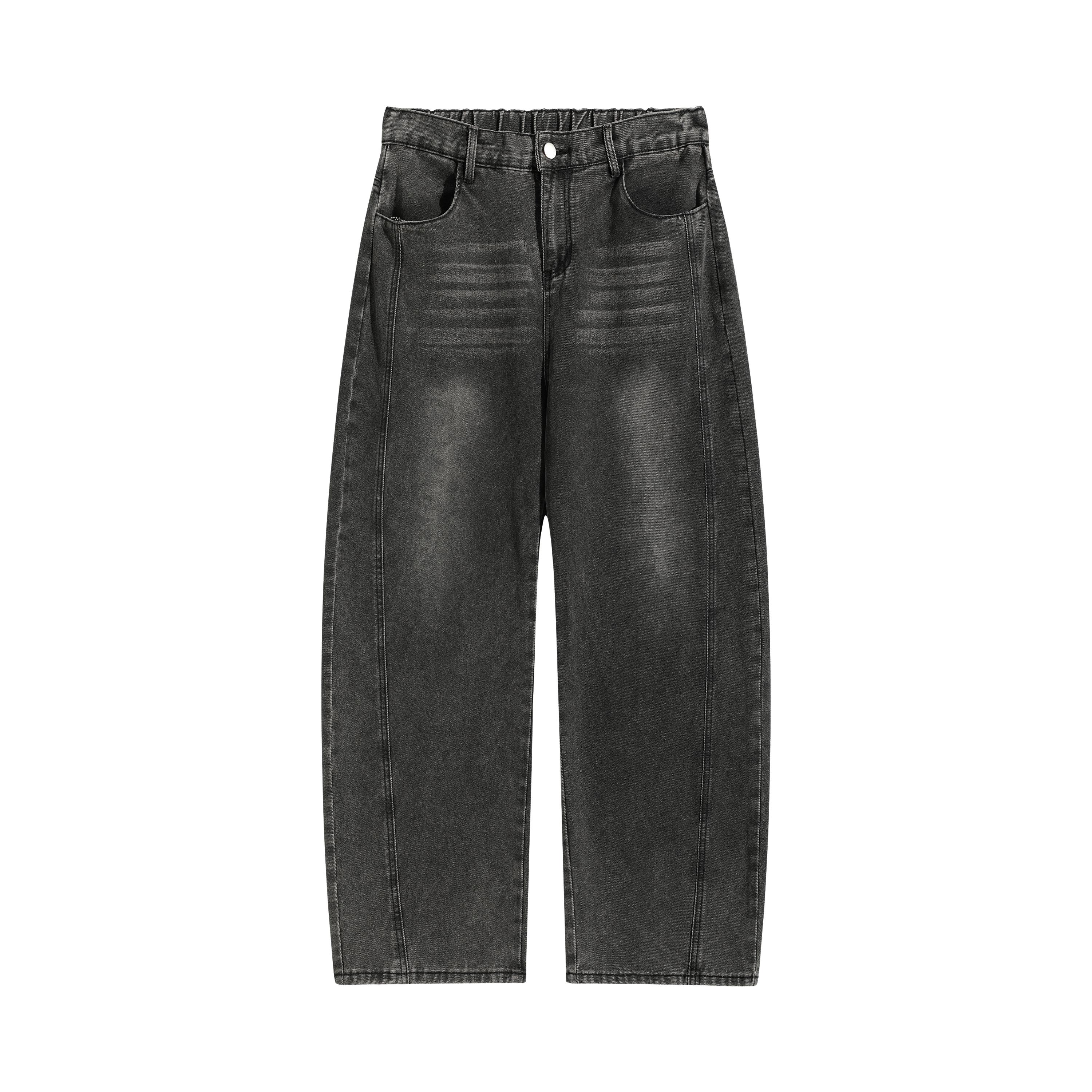 Men's Dark Gray Washed Plain Menswear Baggy Jeans - Elastic Waistband, Wide Straight Legs, Vintage Hip-Hop Swag Clothes, Plus Size Men's Clothing Casual Long Streetwear Pants
