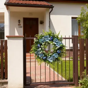 Blue Chrysanthemum Daffodil Decorative Wreath, Realistic Flower Wreath, Home Wall Door Window Decoration, Wedding Engagement Easter Valentine Mother Gift, Faux Floral Garland