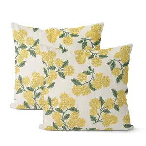 2 Pieces Mustard yellow summer outdoor pillow cover, green hydrangea decorative pillow, spring retro floral decorative pillowcase, linen-polyester sofa cushion cover
