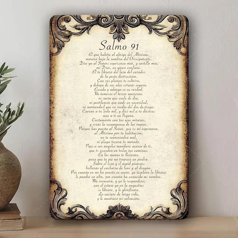 1pc 12x8inch Aluminum 2D flat Decorative Sign & Plague Vintage Psalm 91  Wall Sign, in - Spanish Inspirational Religious Decor with Ornate Frame, Home Prayer Room & Holiday Celebrations ('s Day//Easter/Valentine's), In 8X12Inch/20X30Cm