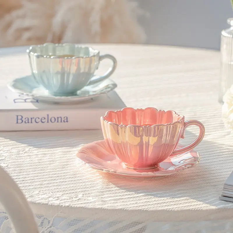 Cute Pearl Edge Ceramic Tea Cup Coffee Mug Set, Dreamy Rainbow Glaze Vintage Cups, Girl's Heartfelt Gift for Best Friend Birthday